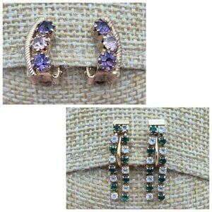 Lot of 2 Gold Tone Minimalist Clip On Earrings Dainty Dangle Rhinestones CUTE